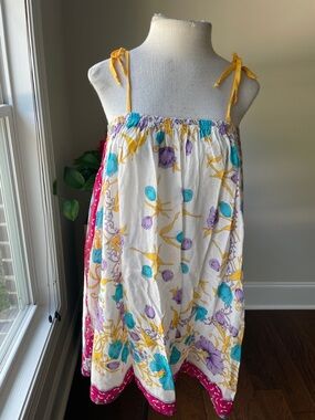 Taka White Floral Swim Coverup with Teal, Purple, Yellow & Pink Trim